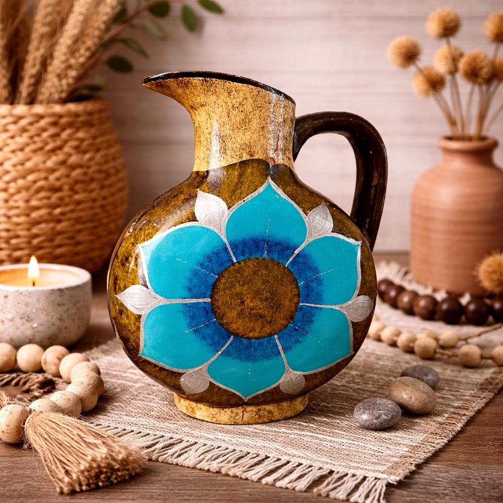 Mexican Cabo‎ San Lucas Clay Pottery Floral Turquoise Pattern Pitcher By Domingo